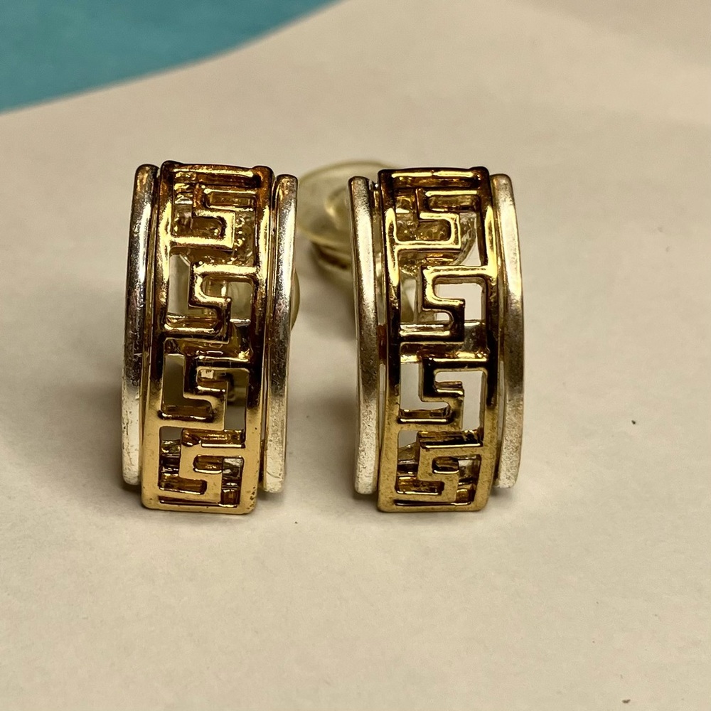 Silver and gold tone, Greek, Key style, clip on earrings